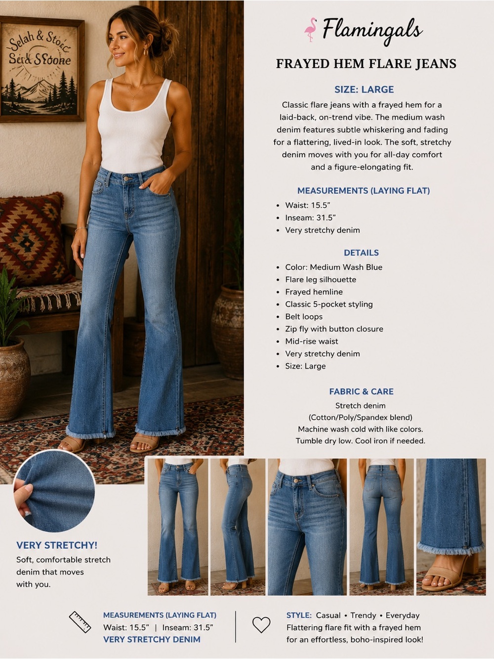 Flamingals Medium Wash Blue Frayed Hem Flare Jeans - Large